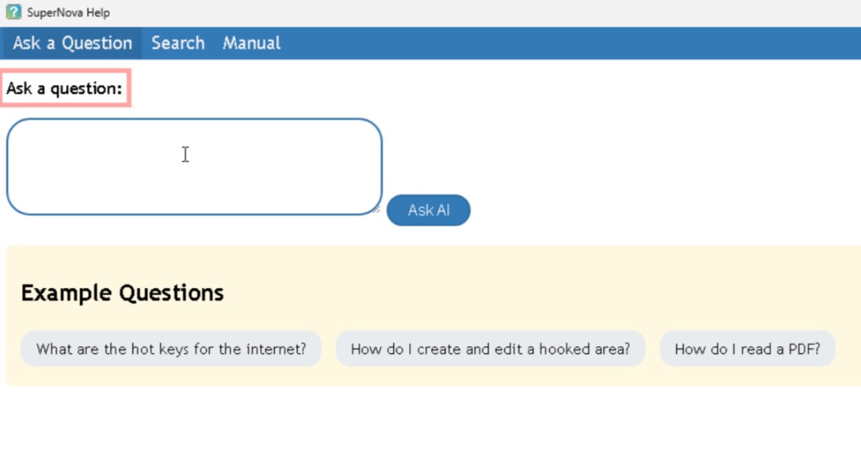Screen shot of the Ask a Question function in SuperNova Help